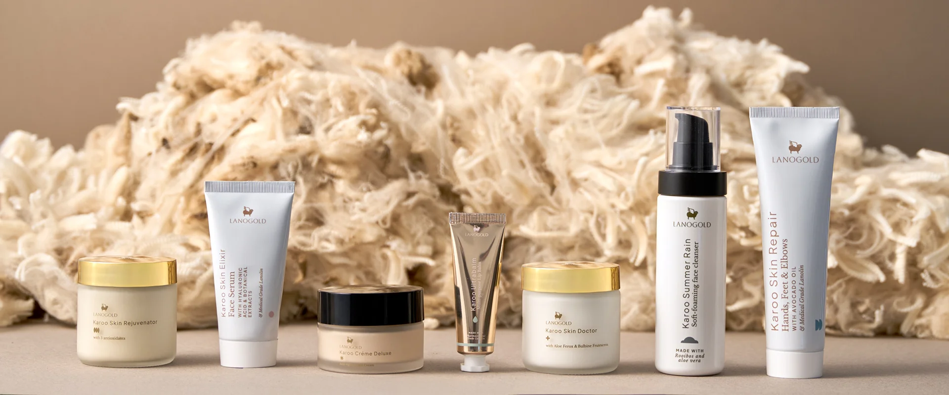 The Lanogold Karoo skincare range in front of raw Merino fleece